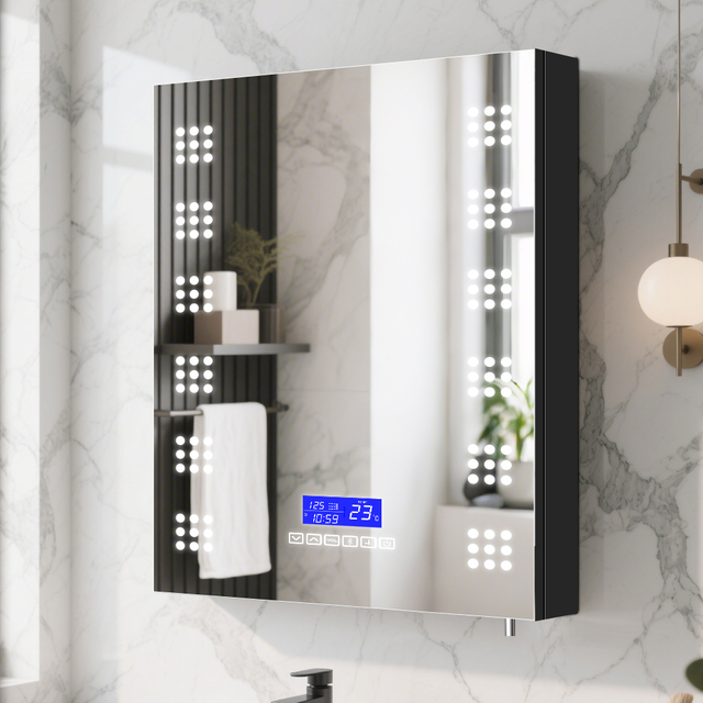 Smart Single - Door Stainless Steel LED Mirror Cabinet CSS-4113: Touch Controls, Anti - Fog, 3CCT, Dimmable Lights, Bluetooth Connectivity, Alarm & Temperature Display