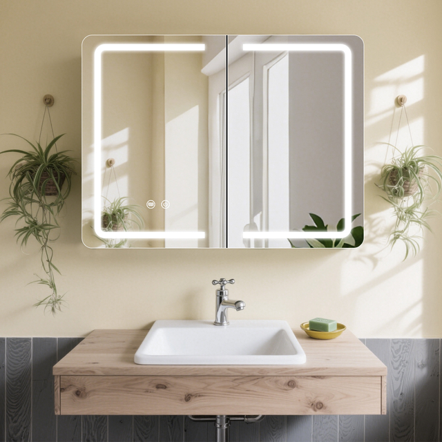 Double-Door Powder-Coated Iron LED Mirror Cabinet CTD-5051: Touch Buttons, Anti-Fog, 3CCT & Adjustable Brightness