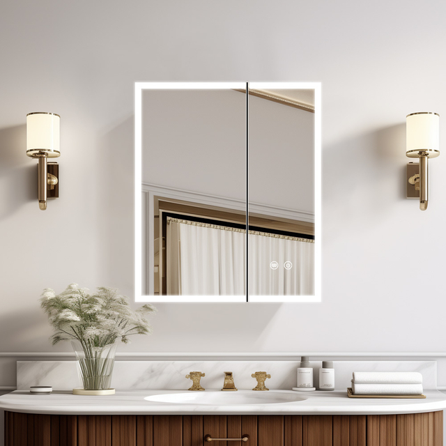 Aluminum Double-Door LED Mirror Cabinet CAD-5282: Touch Buttons, Anti-Fog Technology, 3CCT & Adjustable Illumination