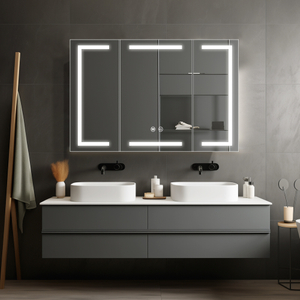 Anti-Fog 3CCT Three-Door Powder-Coated Iron LED Mirror Cabinet CTT-5052 with Touch Buttons & Variable Brightness