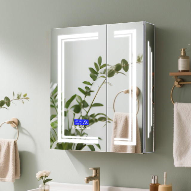 Aluminum Double-Door LED Mirror Cabinet CAD-4292: Touch Buttons, Anti-Fog Technology, 3CCT & Adjustable Illumination & bluetooth