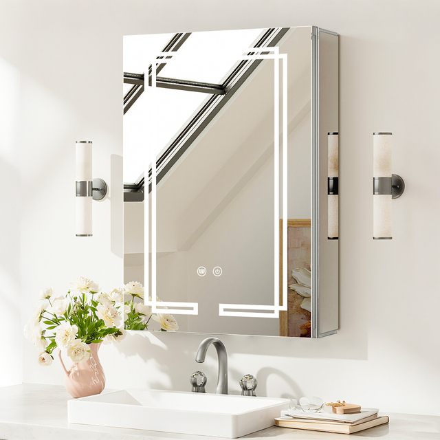 Single-Door Aluminum LED Mirror Cabinet CAS-6264: Touch Buttons, Anti-Fog, 3CCT, Adjustable Brightness & Double Sandblasted Light Strips
