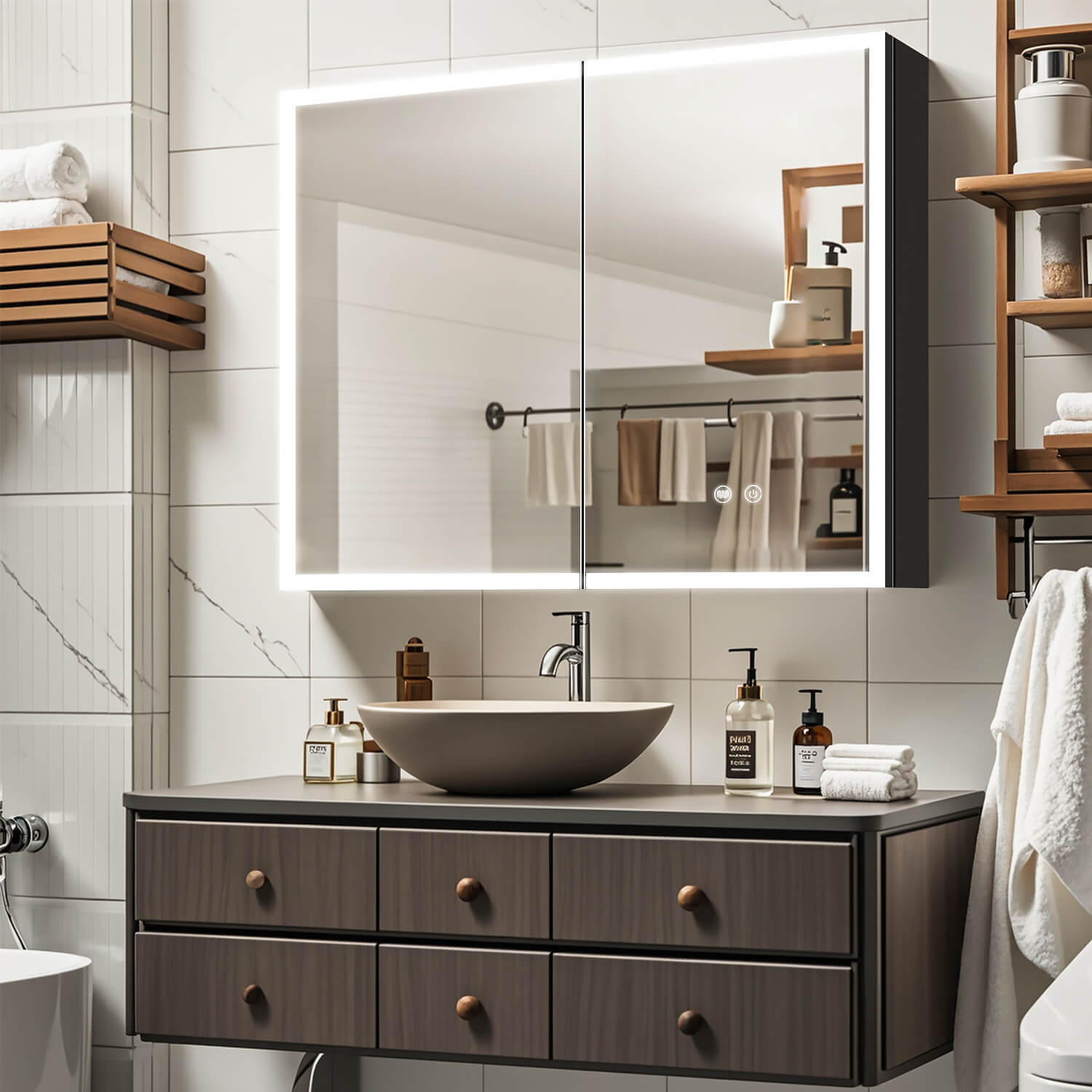 Front-lit mirror for bathroom