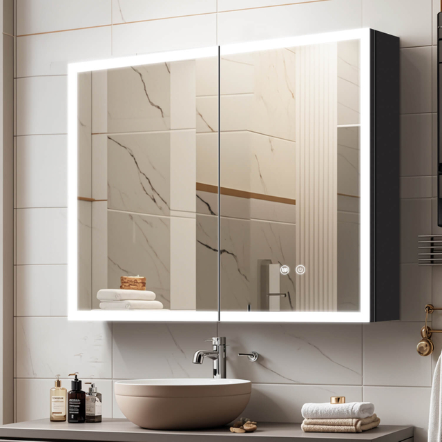 CAL-7080-SG-Black Aluminum Mirror Cabinet with Stepless Glass Shelf