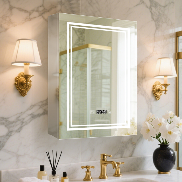 Single-Door Stainless Steel LED Mirror Cabinet CSS-5162: Touch Buttons, Anti-Fog, 3CCT, Adjustable Brightness & Clock
