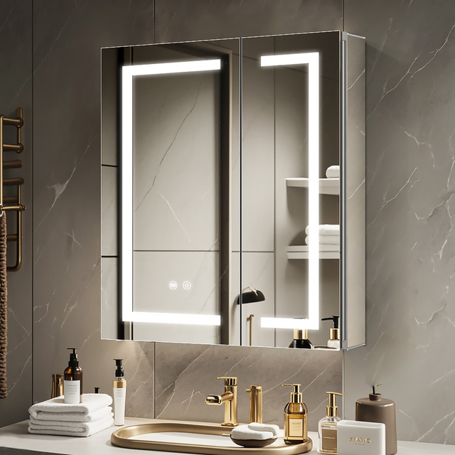 CAL-6171-SI-Aluminum Double Door Mirror Cabinet with Light