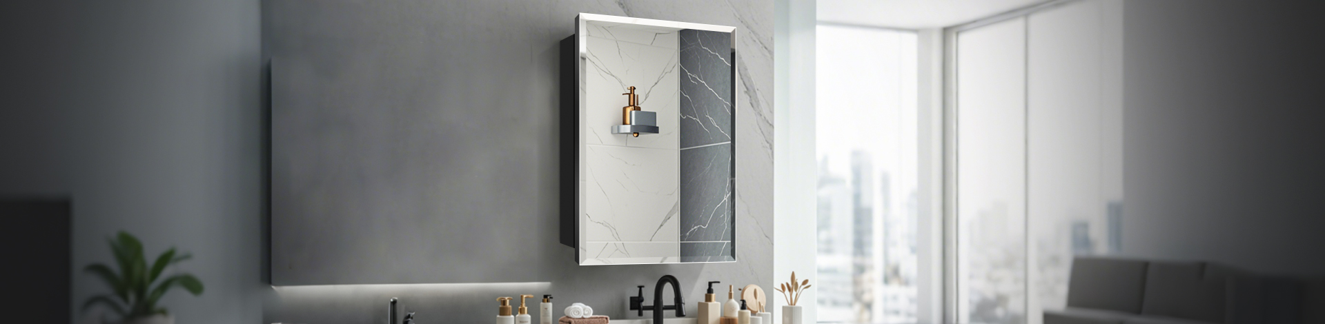 Luxury Marble Pattern Medicine Cabinet with Ambient Lighting
