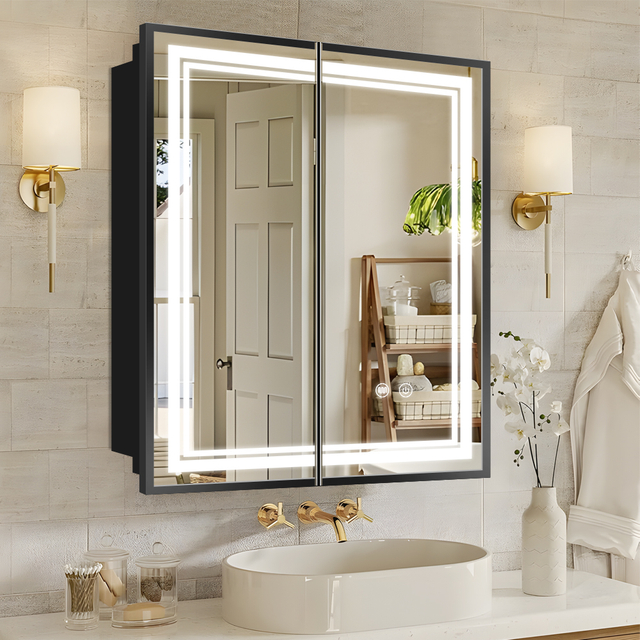 Double-Door Powder-Coated Iron Mirror Cabinet: Edge Wrapping, Double Sandblasted LED Strips, 3CCT & Defogger