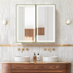 New-style Double-door Wooden Mirror Cabinet with Beveled Edge Design And Inner Lighting