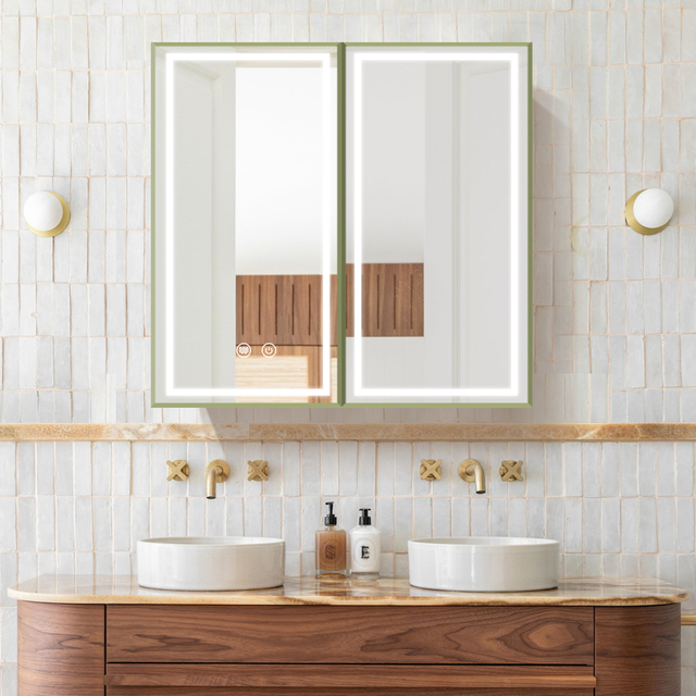 New-style Double-door Wooden Mirror Cabinet with Beveled Edge Design And Inner Lighting