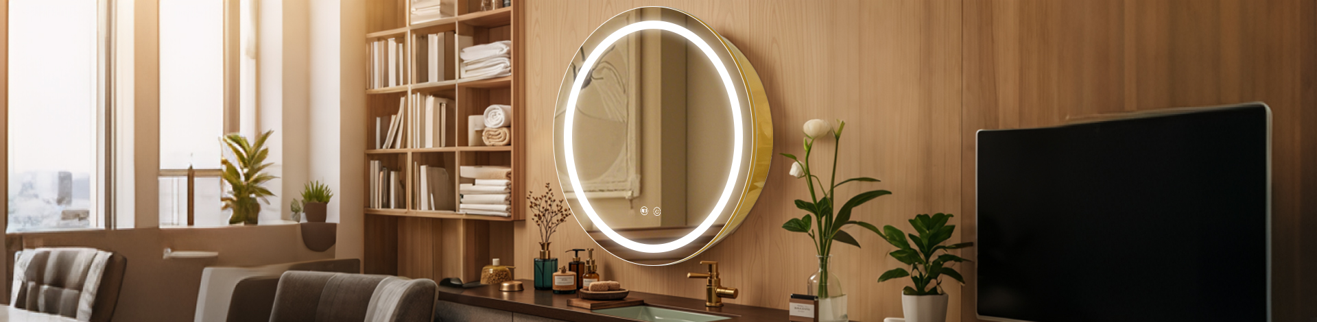 Round LED Mirror with Halo Lighting in Modern Study Room