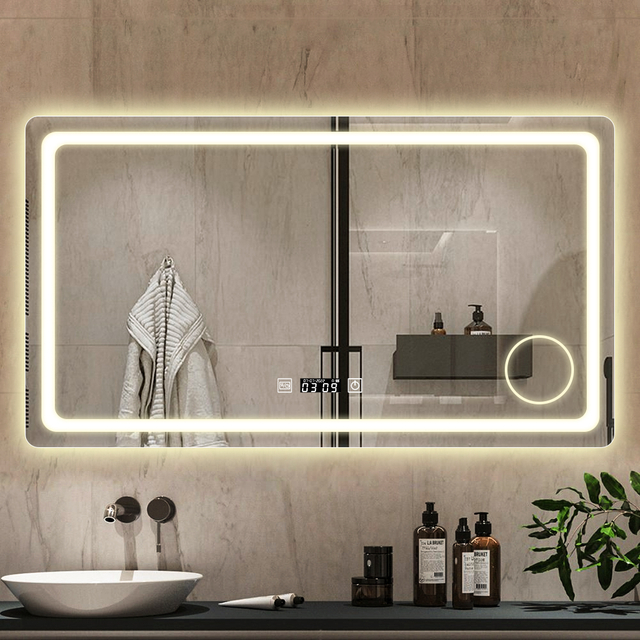 Modern Rectangle Magnifying Lighted Bathroom Mirror with Touch Switch and Display Screen