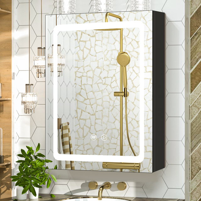 LED Black Sandblasted Irregular Steel Bathroom Mirror Cabinet
