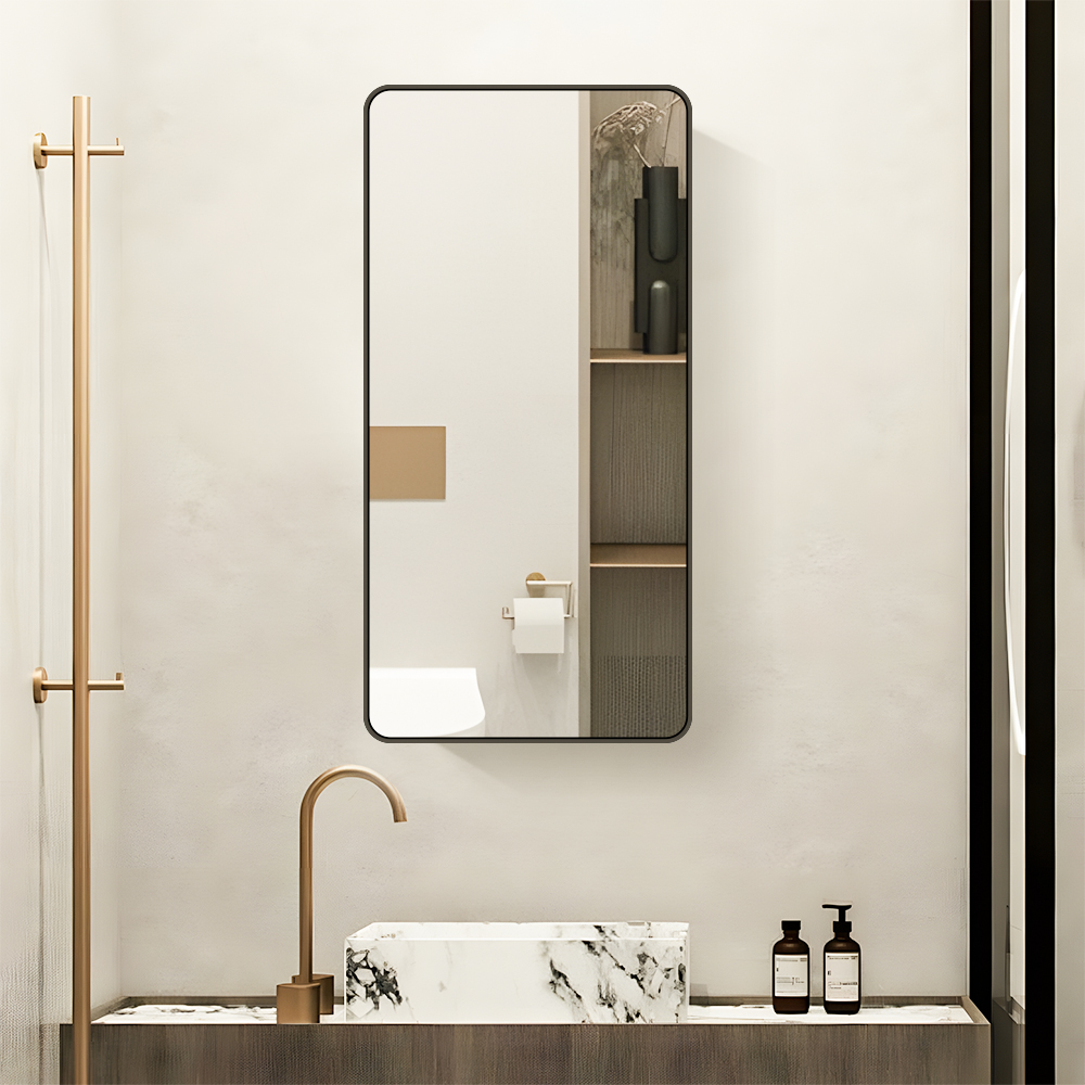 Single Door Mirror Cabinet installed in a compact modern bathroom