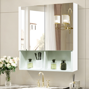Modern White Steel Water Resistant Mirror Cabinet with Double Doors & Clear Compartmentalized Storage for Bathroom